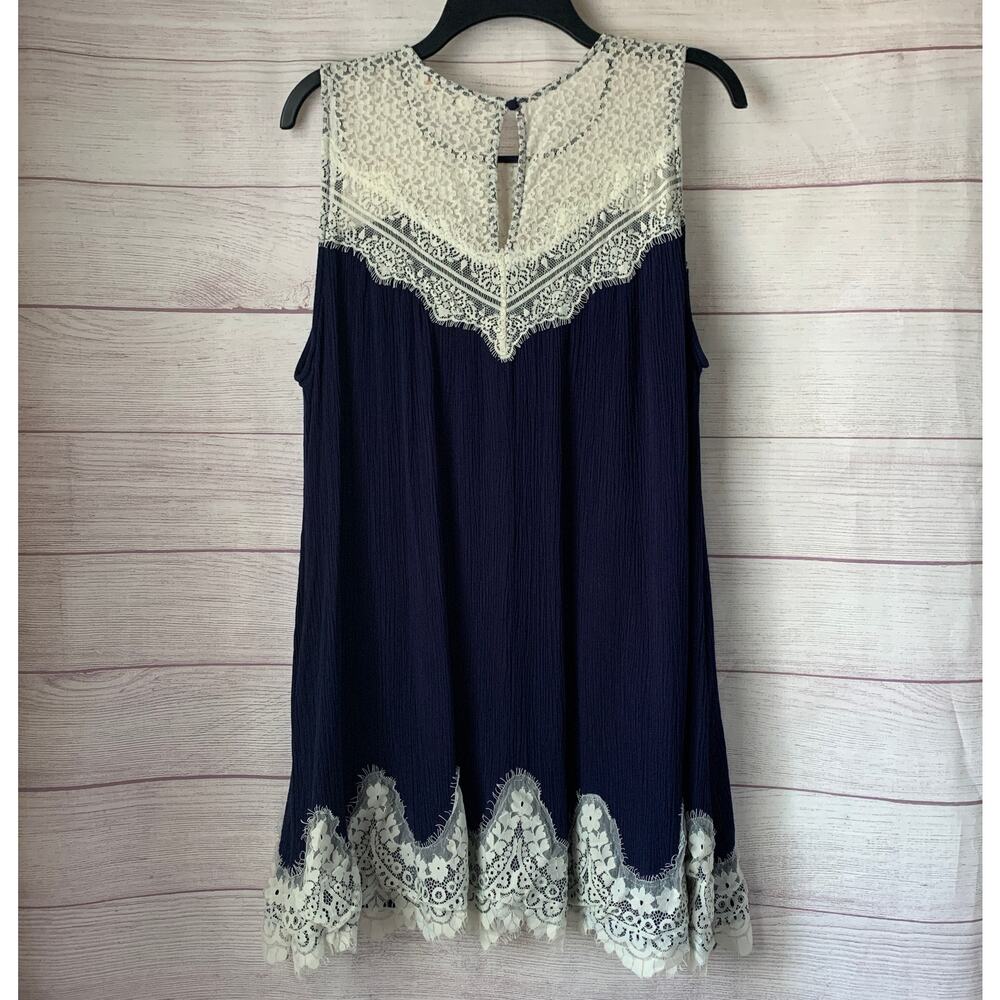 Umgee Navy Blue and Cream Lace Tunic Swing Dress Sleeveless Size XL - Picture 5 of 16